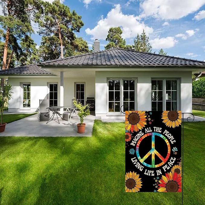 Peace Sign Garden Flag 12x18 Inch Vertical Double Sided Rainbow Sunflower Imagine All The People Living Life in Peace Motivational for Outdoor Yard Lawn Decorations