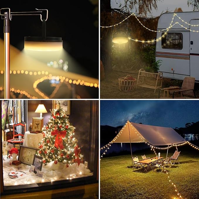 2-Pack Solar Camping String Lights, 39.4FT Portable Waterproof Camping Light with 8 Lighting Modes, Solar Powered and USB Rechargeable Tent Lantern with Remote Control for Camping, Garden and Hiking