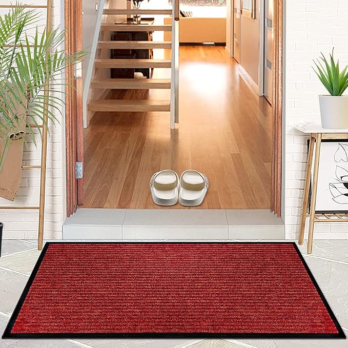 LuxUrux Striped Red Christmas Door Mat - Heavy Duty, Indoor/Outdoor, Easy Clean, Waterproof, Low-Profile (24'' x 16'') - Festive, Durable Solution for High Traffic Areas