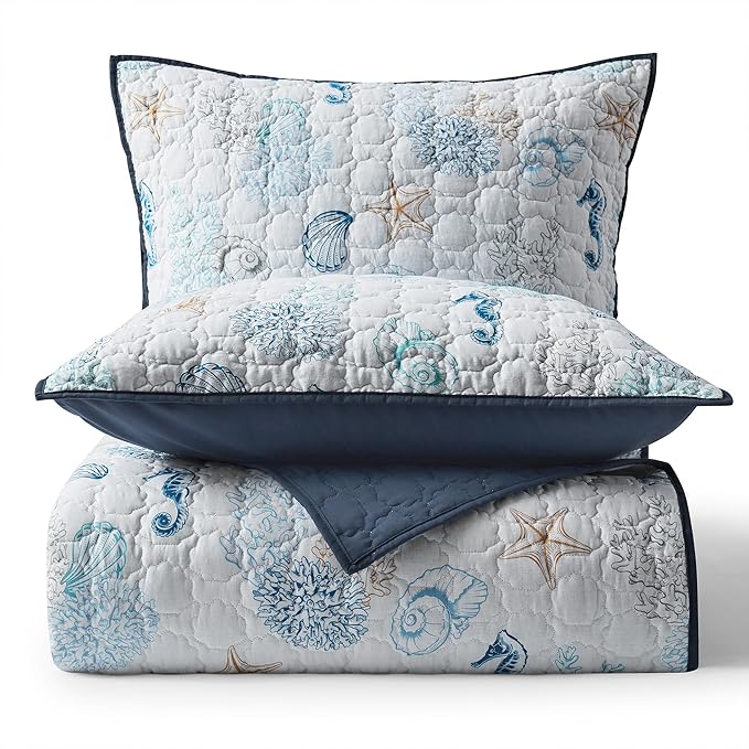 Wonderful Cotton Coastal Quilt Set King Size, Shell Stitched Quilting Reversible Cotton Bedding Cover with 2 Shams, Nautical Beach Lightweight Bedspreads Coverlet Summer Bedding, 106"x94"