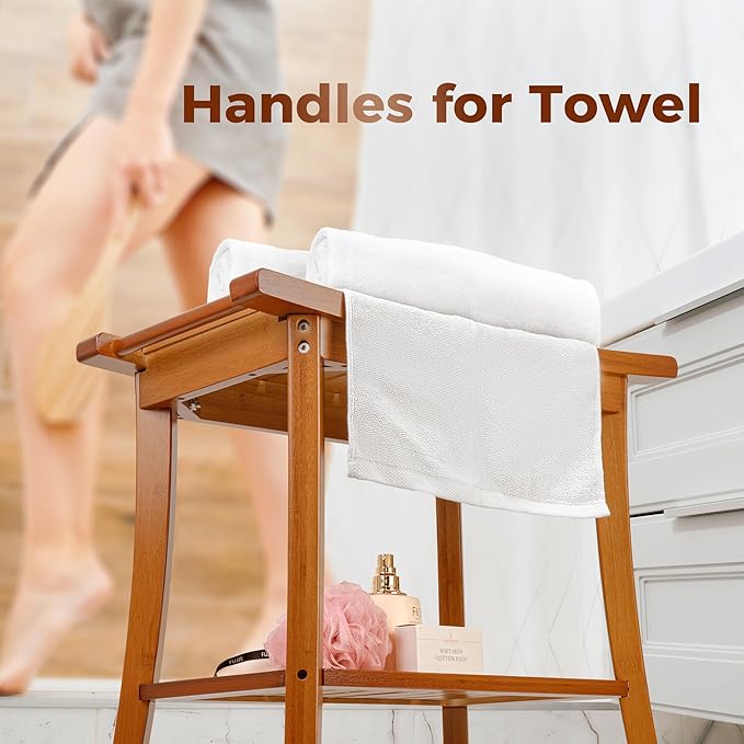 Utoplike Bamboo Shower Bench with Storage, Wood Shower Stool with Handles, Bathroom Seat for Towels, Spa, Inside Shower, Brown Finish