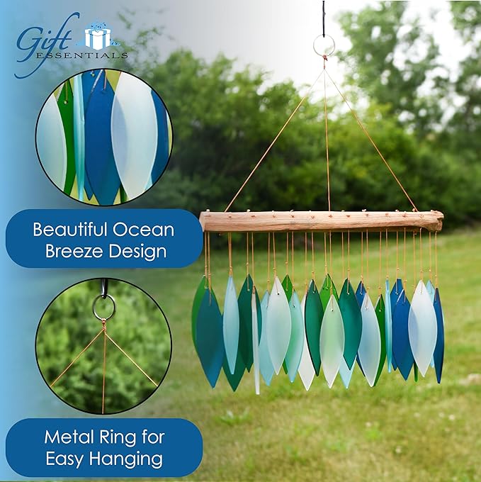 Blue Handworks Ocean Breeze Glass Chime, Sandblasted Glass and Found Wood Handcrafted Wind Chime