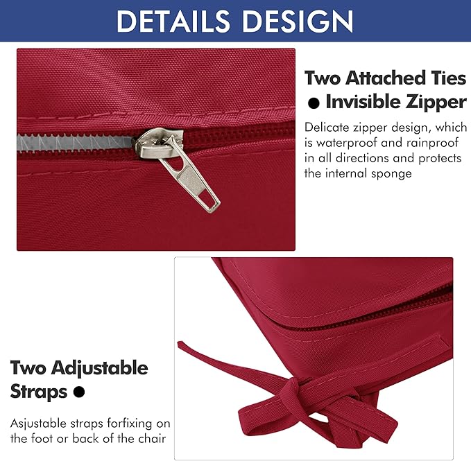 Outdoor Chair Cushions 22 x 22 Inch Waterproof Patio Chair Cushions with Tie 5 Year Color Fastness Thick Outdoor Seat Cushion for Garden Lawn Patio Furniture Burgundy Red Set of 2