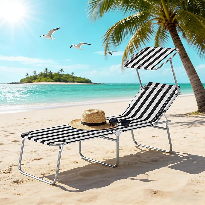 Outsunny Outdoor Lounge Chair, Adjustable Folding Chaise Lounge, Tanning Chair with Sun Shade for Beach, Camping, Hiking, Backyard, Black and White