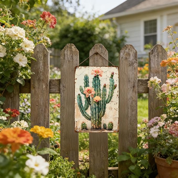 Vintage Tin Sign Cactus Wall Art Cacti Art Wall Sign Decor for Home Kitchen Garage Outdoor Yard Farmhouse 16x12 Inch