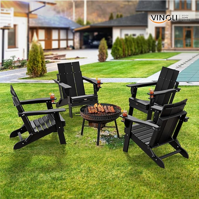 VINGLI Oversized Plastic Folding Adirondack Chairs with Cup Holder, Waterproof HDPE Outdoor Fire Pit Chairs for Patio, Pool, Bonfire, Capacity 400LBS, Black