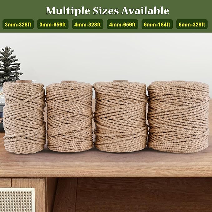 Natural Jute Twine 656ft 3mm,3Ply Twisted Thick Twine Rope Strong Jute String Roll for Crafts Gift Wrapping Gardening Home Decor Bundling Cat Scratching Post