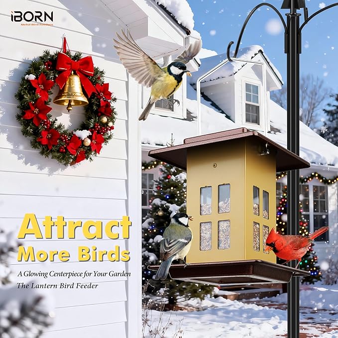 iBorn Bird Feeder for Outdoor Hanging,Metal Bird Feeder Hanging Outside for Cardinal, Double-Sided Hanger Wild Birdfeeder All Metal Constructions, Holds 2.6LB Seed, Muted Yellow,8 Ports