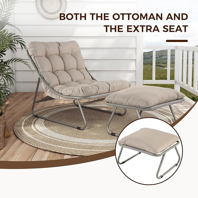 Grand patio Outdoor Lounge Chair with Foot Stool, Comfy Sling Recliner Chair with Puffy Cushion and Foot Rest, Modern Patio Furniture Set for Porch Deck Garden, Champagne Gray