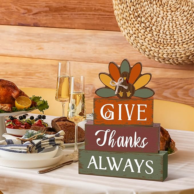4 Pcs Thanksgiving Turkey Table Decor Wooden Turkey Sign Block Rustic Fall Tiered Tray Decor Farmhouse Autumn Centerpiece Thanksgiving Decorations for Home Office Desk Holiday Harvest Gifts