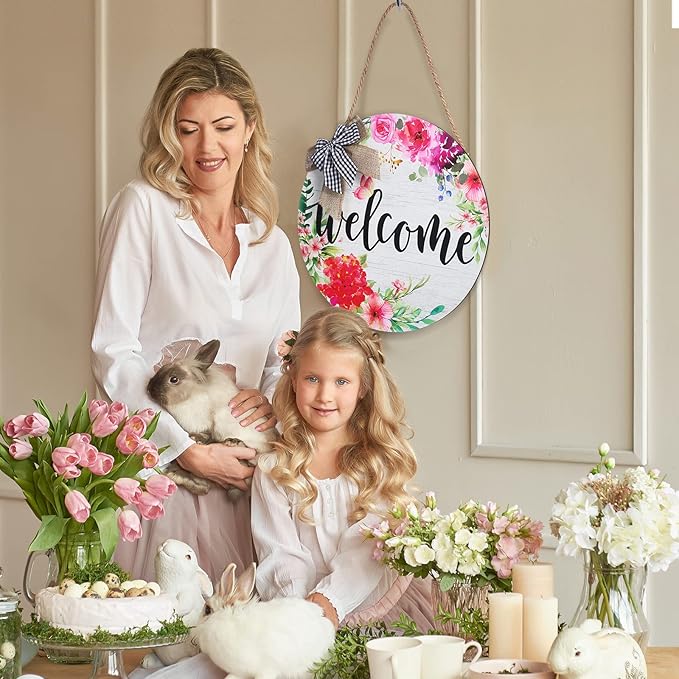 Yookeer Spring Summer Welcome Signs for Front Door Decoration Farmhouse Wreaths Door Hanger Rustic Wooden Welcome Flower Hanging Wall Porch Indoor Home Decor for Spring Summer Seasons Holiday
