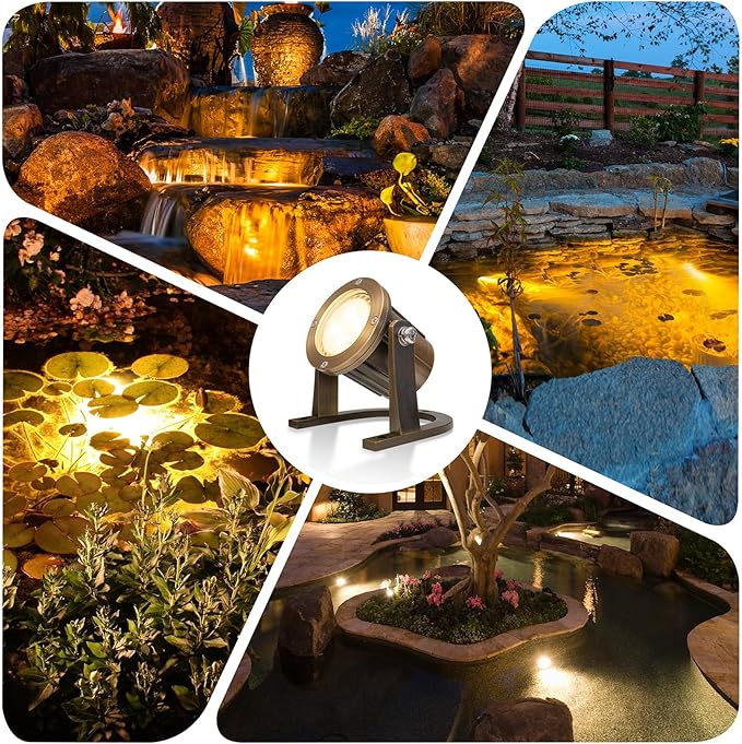 GKOLED Solid Brass Underwater Light, Low Voltage LED Pond Lights, Submersible Fountain Lighting with 5W 2700K 410LM MR16 Bulb, 9-15V AC/DC Outdoor Landscape Waterfall Light, IP68 Rated Pool Spotlights