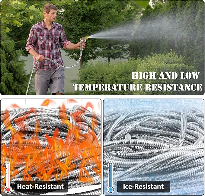 125ft Garden Hose Made by Metal with Super Tough and Soft Water Hose, Household Stainless Steel Hose, Durable Mighty Garden Hose with 4 Spraying Modes Adjustable Nozzle, No Kinks and Tangles
