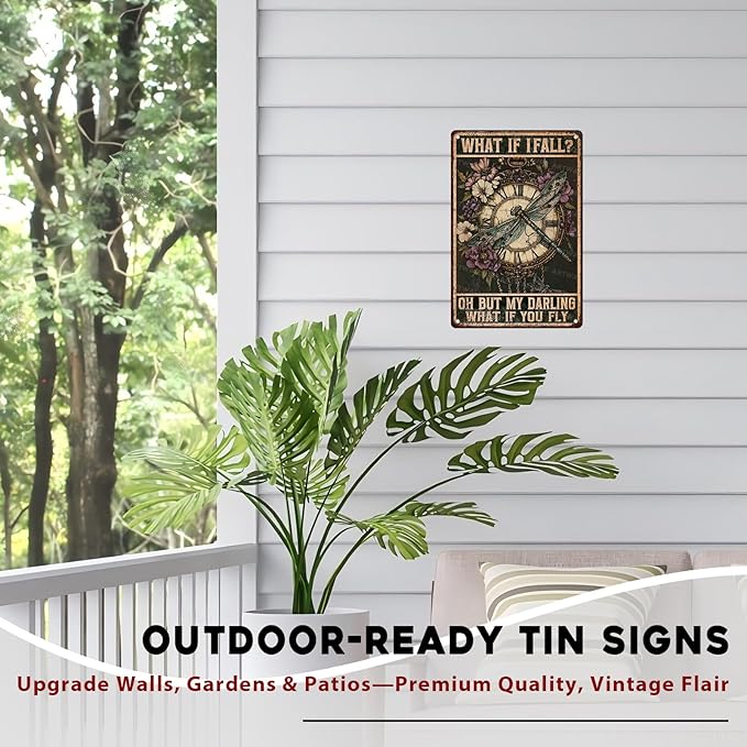 Dragonfly Tin Sign “What If I Fall” - Vintage Hippie Metal Wall Art for Bedroom, Home Office, Cafe & Boho Decor 8x12 Inch