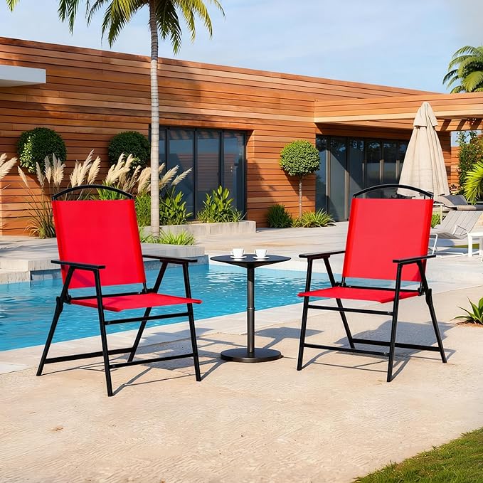 Outdoor Folding Patio Dining Chairs Set of 2 With Armrest Heavy-Duty Lightweight Protable Foldable Patio Sling Chair for Garden Lawn Poolside Backyard Deck Bistro Balcony Sillas Furnitures(2, red)