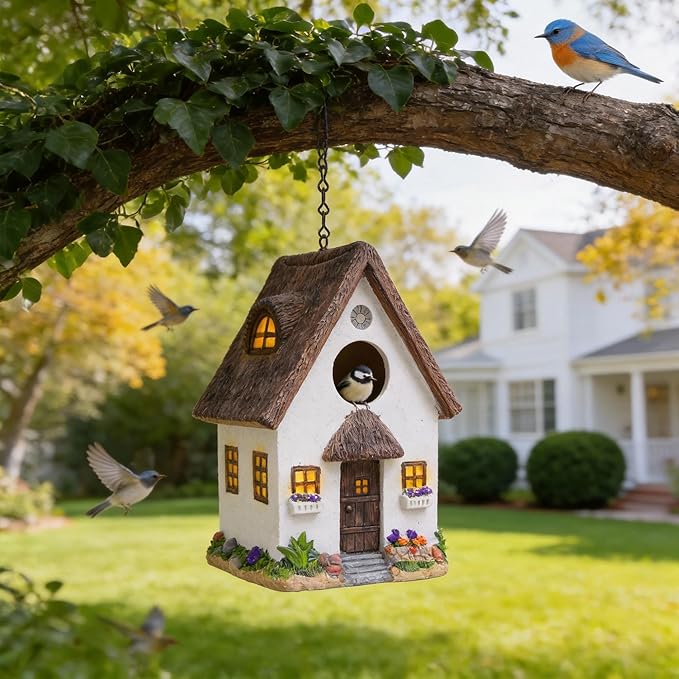 Attivolife Outdoor Birdhouses, Wood Waterproof Hanging Chain Nesting Boxes, Outside Bird House Garden Patio Yard Decor for Bluebird Finches Cardinals Resin, Creative Gifts for Bird Lover Family Friend