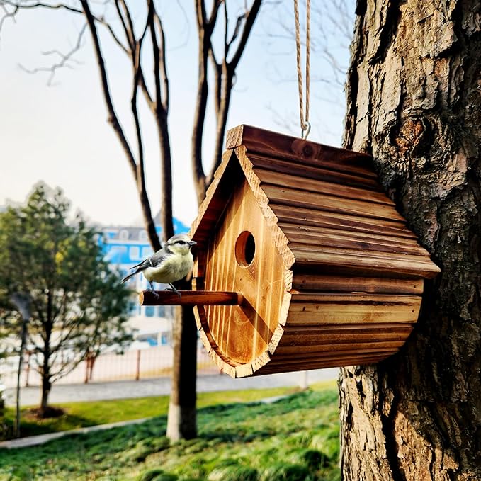 1 Pack Wren Houses for Outdoors,Natural Wooden Bird Houses for Outdoor Chickadee,Bluebird etc,Handmade from Natural Wood for Garden Decorations