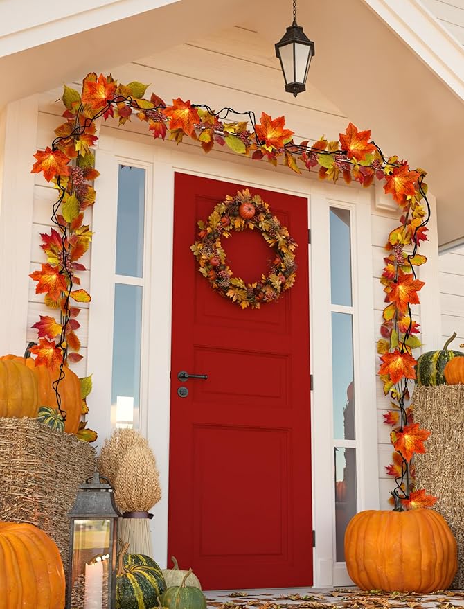 Thanksgiving Orange Maple Leaf Lights, 13.6FT Orange Fall Leaves String Lights, Waterproof Connectable Outdoor Patio String Lights for Indoor Home Outdoor Fall Decor Halloween Decorations
