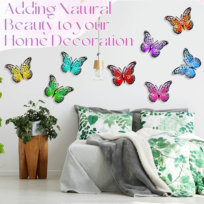 Jetec 8 Pcs Metal Butterfly Wall Decor 6.5 Inch Outdoor Butterflies Wall Art Sculpture 3D Butterfly Hanging Decoration for Spring Outside Fence Garden Yard Home Patio Balcony(Bright Style)