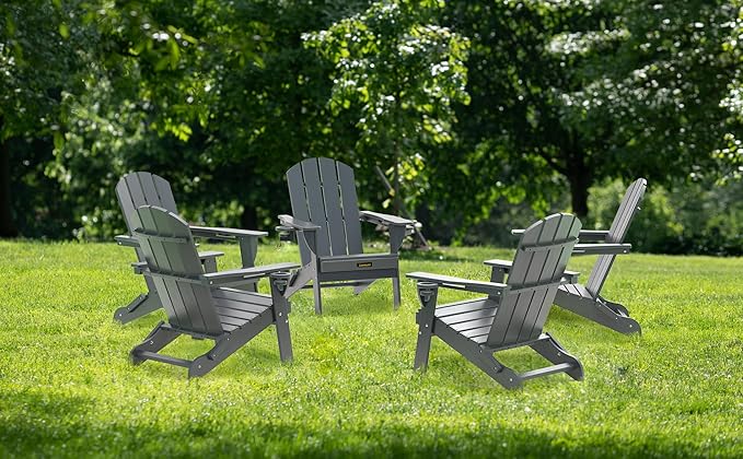 Folding Adirondack Chair, Wooden Textured Plastic Adirondack Chairs with 2 Cup Holder, Weather Resistant HDPE Fire Pit Chair, Outdoor Patio Chairs for Garden, Backyard, Lawn, Deck, 380LBS, Grey
