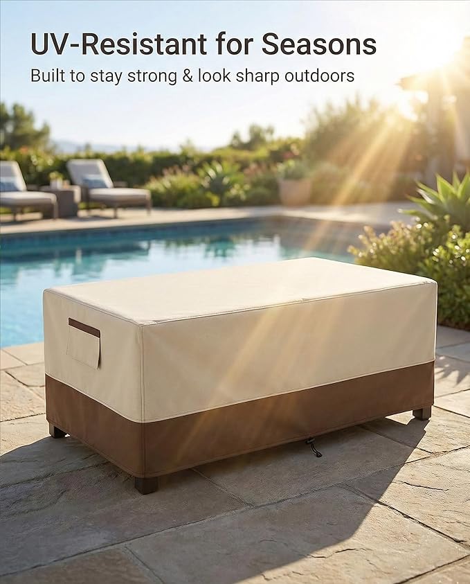 Waterproof Patio Coffee Table Cover, 600D Heavy Duty Outdoor Furniture Covers, Weather & UV Resistant, Windproof with Buckles, Rectangular Table Cover for Backyard Patio 48 x 28 x 16 in, Beige & Brown