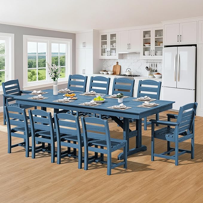SERWALL 11 Piece Outdoor Dining Set, 84" HDPE Outdoor Table and Chairs for 10,All Weather Patio Furniture Set with Umbrella Hole for Backyard, Garden, Blue