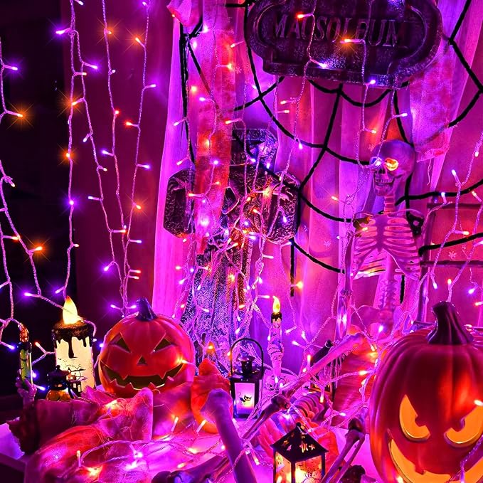 66FT 200 LED Christmas Lights Outdoor, Orange and Purple String Lights Indoor Waterproof with 8 Modes, Connectable Clear Wire Twinkle Fairy Lights for Indoor Home Xmas Garden Decorations