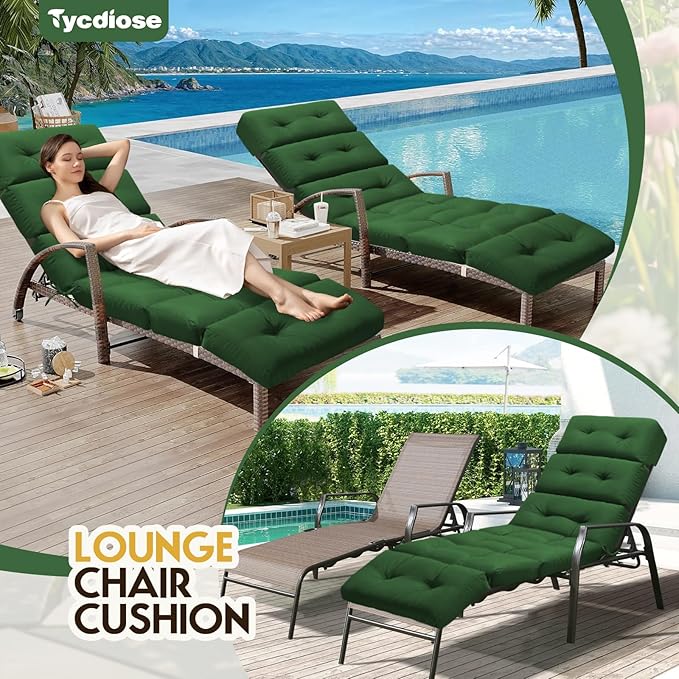 All Weather Chaise Lounge Cushions Outdoor Lounge Chair Cushion, Waterproof Memory Foam Chaise Lounger Chair Cushion Replacement for Outdoor Patio Furniture with Non-Slip Back and Ties, Green