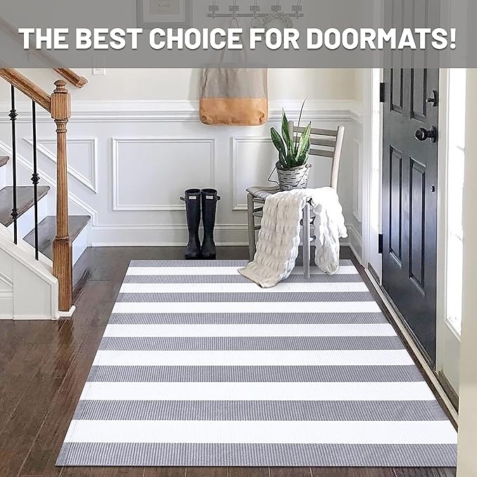 IOHOUZE Grey White Striped Rug -3X5 Front Door Mats Outdoor,Washable Rug for Front Porch Decor,Spring Summer Welcome Mats Outdoor Indoor, Doormat for Farmhouse/Entryway/Home Entrance