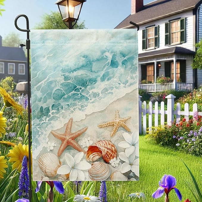 Coastal Ocean Sea Shells Garden Flag, Soft Blue Shells Starfish Outdoor Decor Banner, Double Sided Fabric Yard Flag Summer Lawn Decoration 12x18 Inch