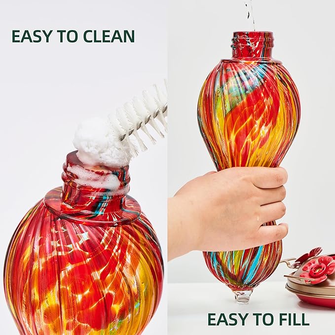 Hummingbird Feeder for Outdoors Hanging, Hand Blown Glass 24 OZ Capacity Hummingbird Bird Nectar Feeders with 4 Feeding Ports, Gifts for Women Mom Outside Garden Backyard Decor (Yellow-Green)