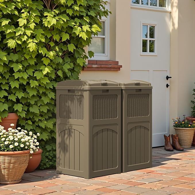 Greesum 33 Gallon Outdoor Trash Can with Lid, Waterproof Resin Garbage Bin for Hideaway, Patio, Deck, 2 Pack, Light Brown