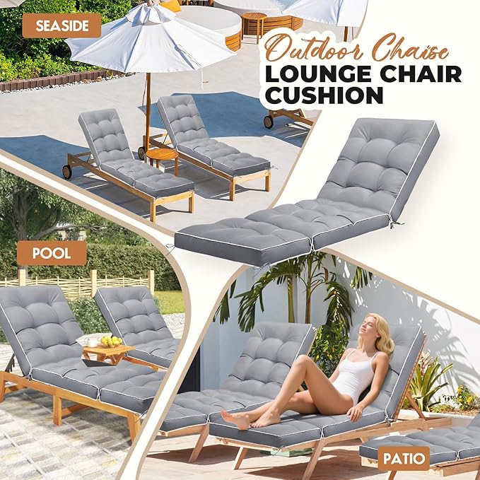 Outdoor Chaise Lounge Chair Cushion, Non-Slip Patio Chaise Lounge Cushions Waterproof for Outdoor Furniture, Thickened Patio Pool Lounger Chair Cushion, 76.4 x 22.8 x 4.7 Inches, Grey