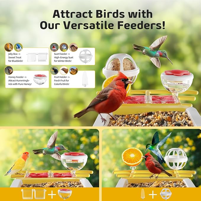 Bird Feeder with Camera 2K HD AI Smart Identify BirdSpecies Solar Panel Outdoors Birdhouse with Cam, Instant Arrival Alerts, Capture BirdVideo, Gifts for Mom Dad (Yellow)