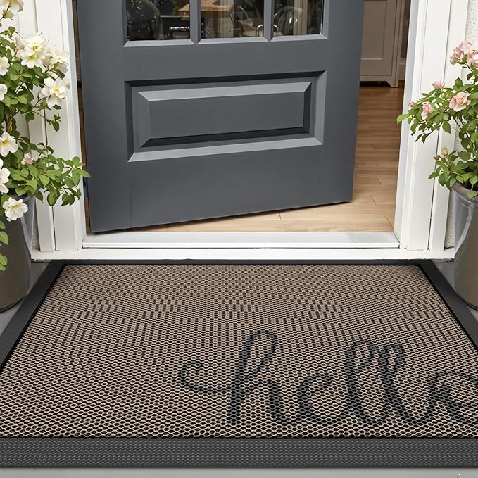 LUMI Outside Welcome Door Mat 17x30, Non Slip Durable Rubber Entrance Doormat, Low Profile Easy Clean Mats for Front Back Door Entryway Porch Garage, Hello