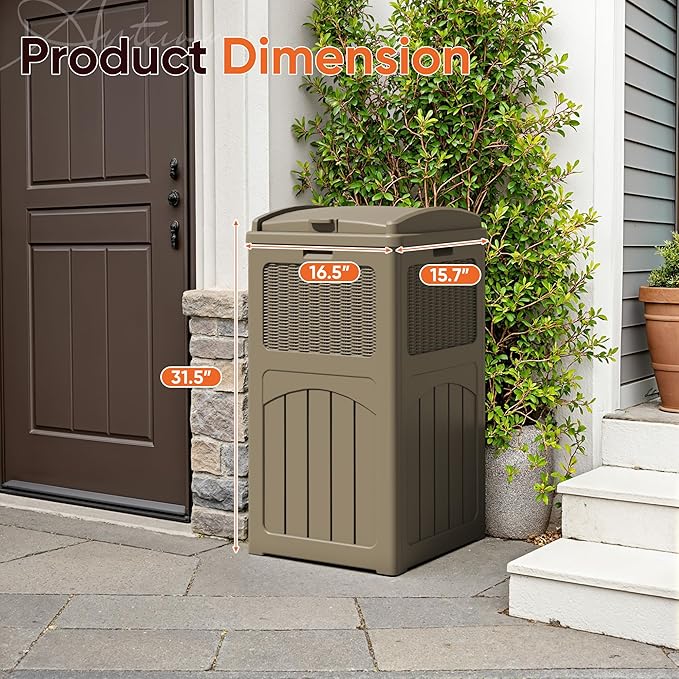 YESHOMY 33 Gallon Resin Outdoor Trash Can with Lid, Hideaway Waterproof Patio Garbage Bin, Coffee