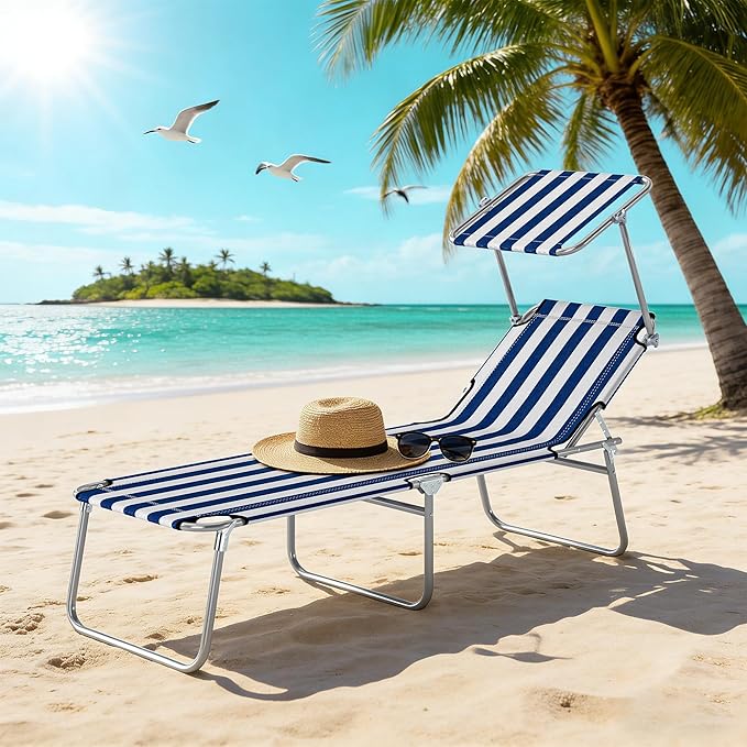 Outsunny Outdoor Lounge Chair, Adjustable Folding Chaise Lounge, Tanning Chair with Sun Shade for Beach, Camping, Hiking, Backyard, Blue and White