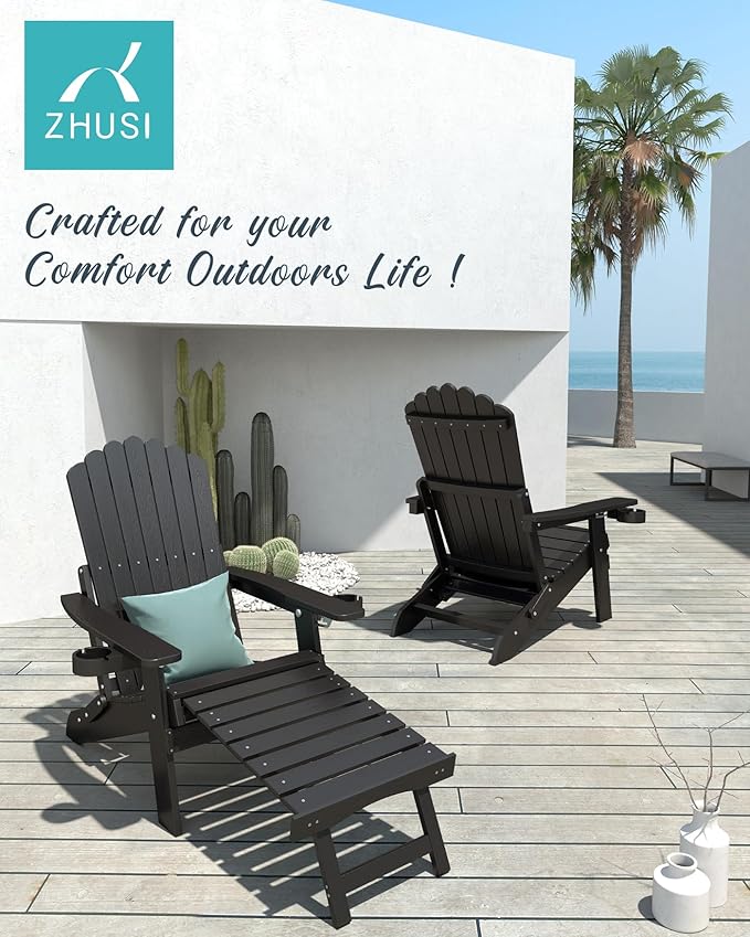 ZHUSI Folding Adirondack Chairs Set of 4 with Retractable Ottoman, Adjustable Adirondack Chair with 2 Cup Holders, Outdoor Chairs for Porch Patio Lawn Balcony Weather Resistant, Black