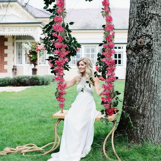 Fuchsia Bougainvillela Artificial Flower Garland 5.9FT Lush Bougainvillea Hot Pink Artificial Vine Flowers for Centerpieces Table Runner Wedding Arch Porches Patios Garden Decor (Hot Pink)
