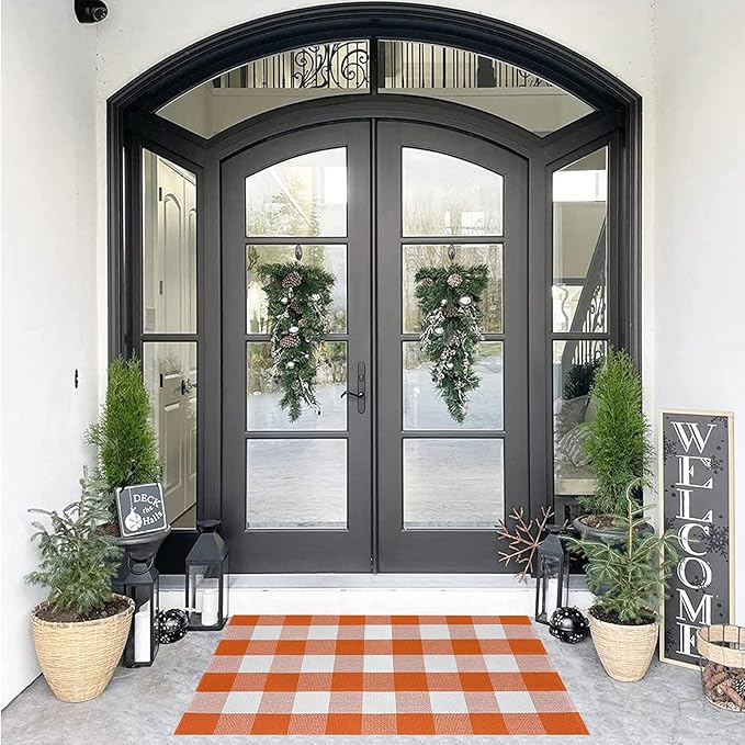 SEEKSEE Cotton Buffalo Plaid Rug 3'x5' Orange and White Checked Rug Washable Doormats Indoor Outdoor Rugs for Layered Front Door Mats, Porch, Kitchen, Farmhouse, Entryway