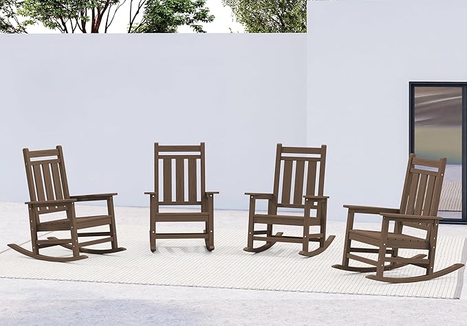 KINGYES Oversized Outdoor Rocking Chair Set of 4, All-Weather Patio Rocking Chairs for Porch, HDPE Outdoor Patio Rockers with High Back & Wide Seat for Garden, Lawn, Brown