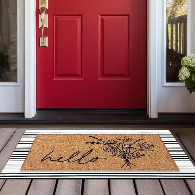 Tinideya 2 Pcs Summer Door Mat Non Slip Wildflower Coastal Hello Sunshine Sweet Home Ocean Pet Welcome Floor Doormat Buffalo Plaid Checked Stripe Mat Seasonal for Front Porch Entryway(Wildflower)