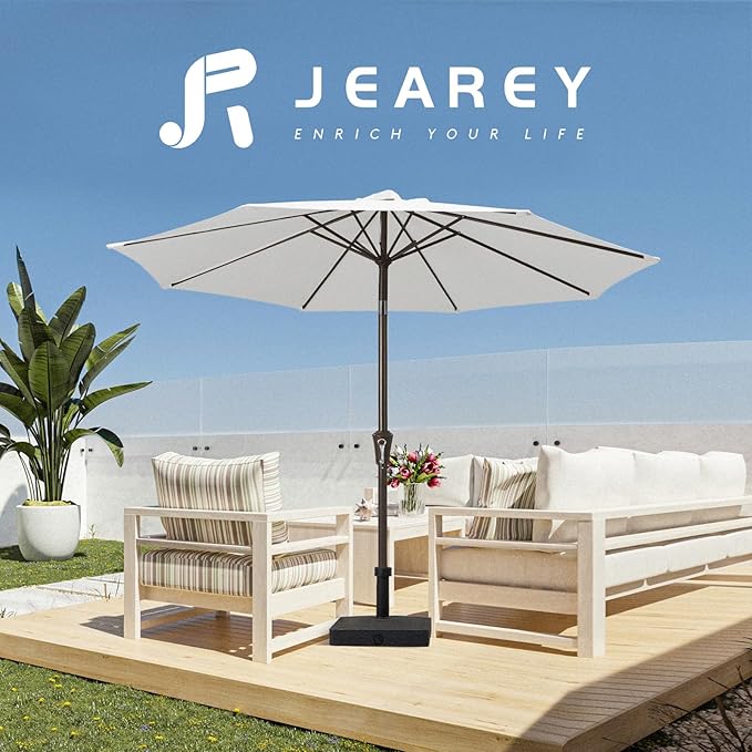 JEAREY 10FT Patio Umbrellas Outdoor Table Umbrella with Push Button Tilt and Crank, Market Umbrella 8 Sturdy Ribs UV Protection Waterproof for Pool, Garden (White)
