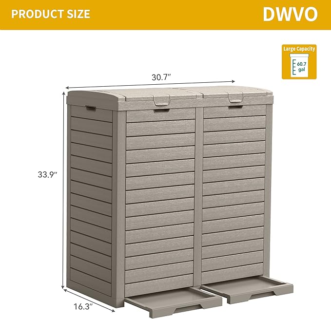 DWVO Outdoor Large Resin Trash Can, 76 Gallon Classified Hideaway Garbage Bins with Dual Lid and Drip Trays for Porch, Backyard, Deck, Patio, Poolside, Easy to Clean, 248 Quart, Taupe