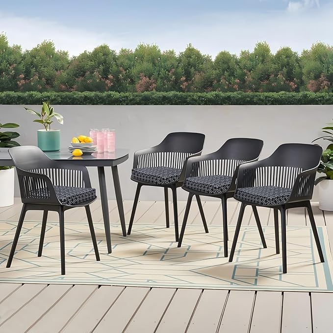 Outdoor Chair Cushions Set of 4, 18.5 x 16 Inch Patio Chair Cushions for Outdoor Furniture, Water Resistant, Non-Slip Ties (Black Geometry)