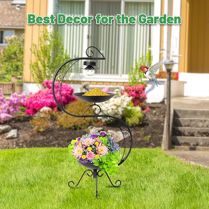 HONGLAND Bird Baths for Outside with Solar Lights, 36" Black Metal Birdbaths for Outdoors, Antique Bird Feeders with Flower Planter Pedestal for Garden, Yard, Patio Decor