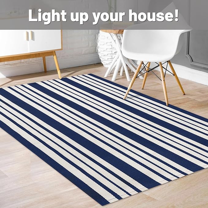 IOHOUZE Navy and White Striped Rug 3'x5' Front Door Rugs Outdoor, Washable Area Rug for Front Porch, Spring Summer Doormats Outdoor Indoor, Cotton Rugs for Entryway Porch Entrance