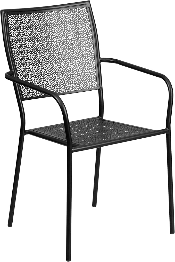 Flash Furniture Commercial Grade 35.25" Round Black Indoor-Outdoor Steel Patio Table Set with 2 Square Back Chairs