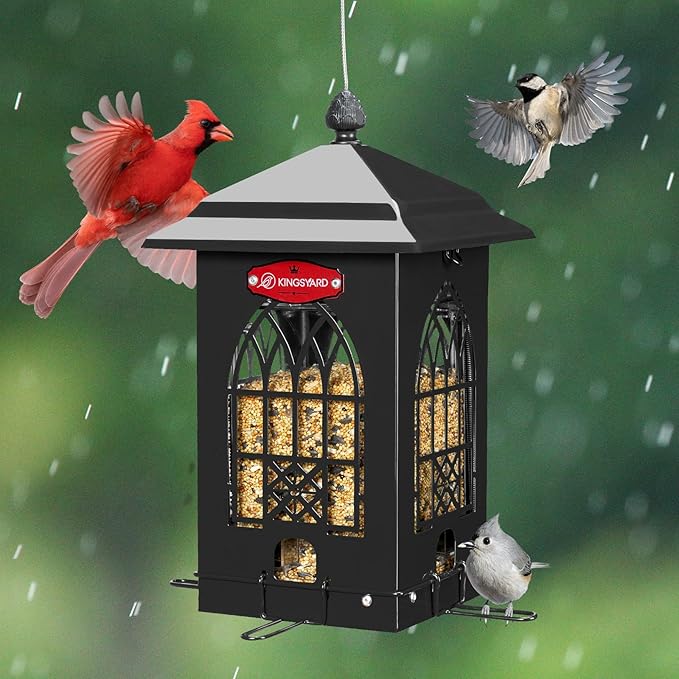 Kingsyard Squirrel Proof Bird Feeders for Outdoors with Weight-Activated Perches, 5 Lbs Capacity Large Metal Bird Feeder House for Small Wildbirds Cardinal Finch Bluebird, Weatherproof, Sequin Black