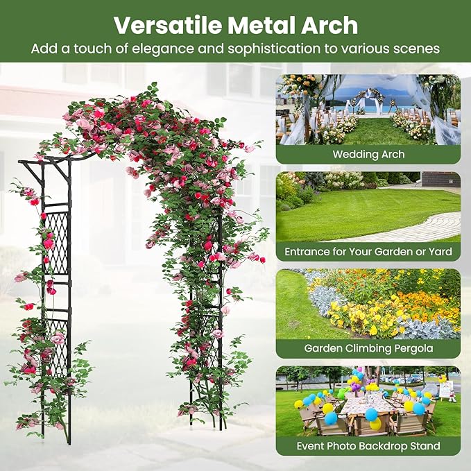 Giantex Garden Arch Trellis, 67''W x 83''H Metal Arbor with Corrugated PE-Coated Steel Tubes & Lattice Panels for Climbing Plants, Decorative Wedding Arch for Yard, Lawn, Party & Outdoor Events
